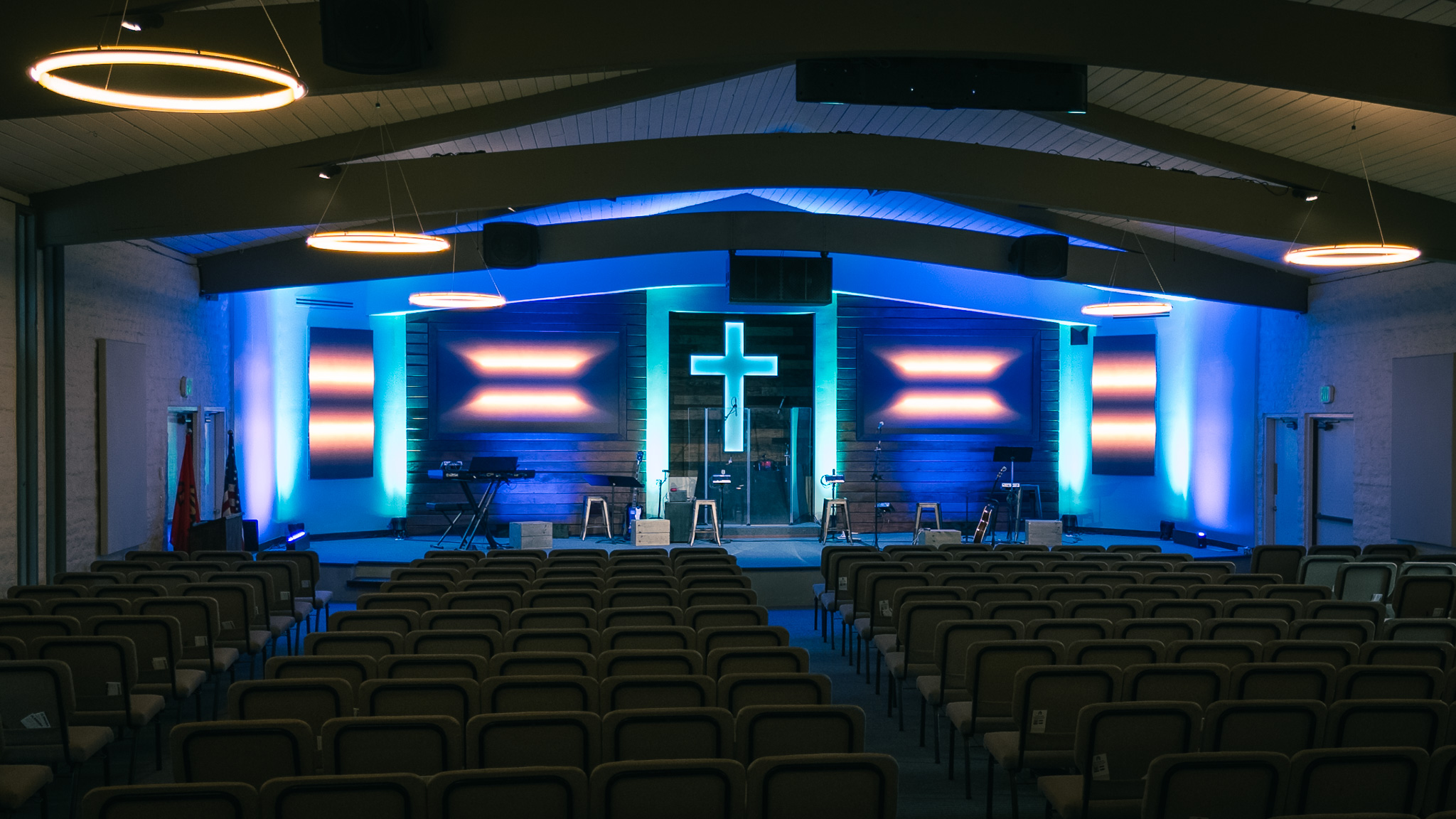 The Agoura Bible Fellowship sanctuary with its new Altitude LED screens lit behind the stage