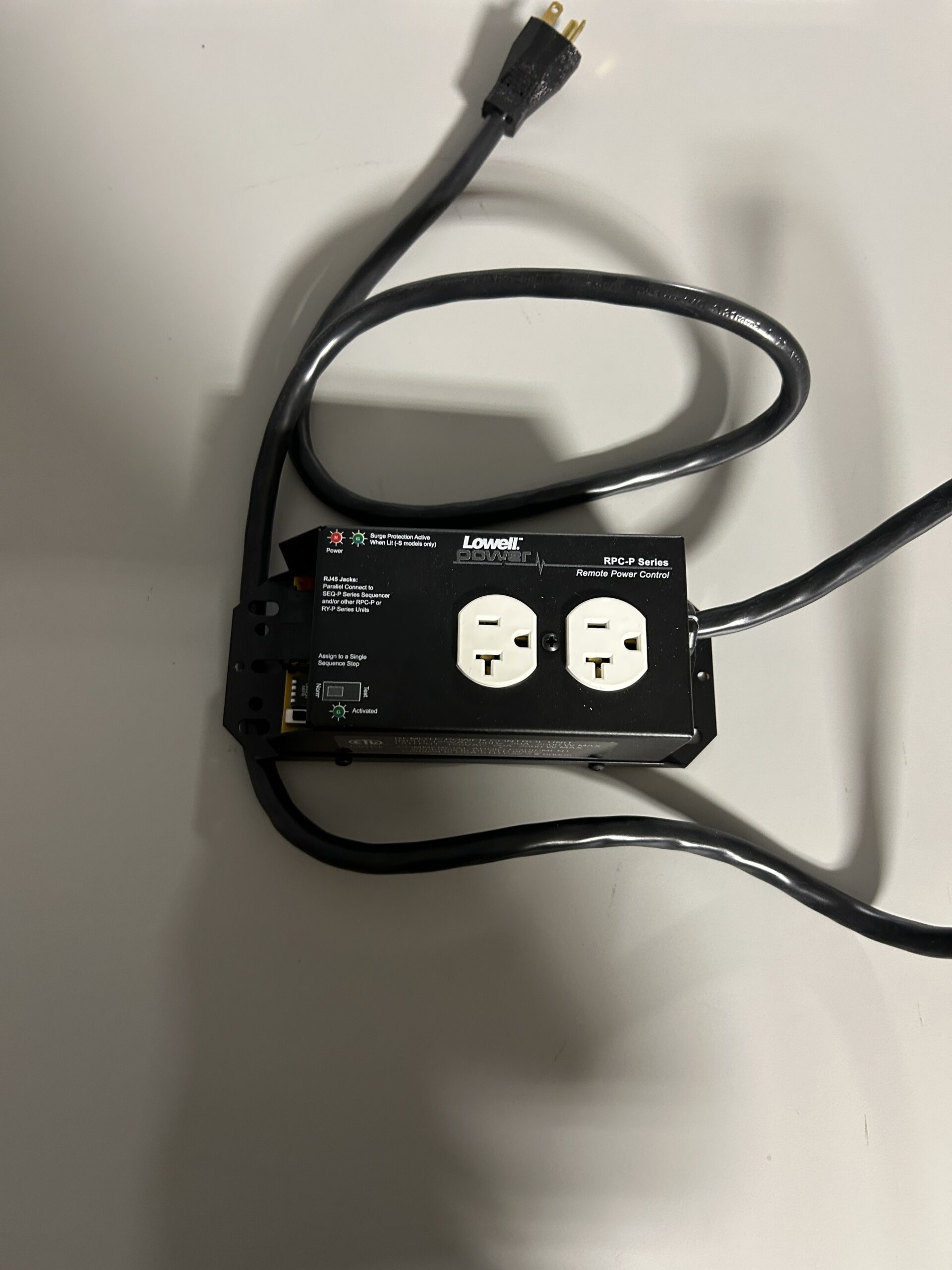 Lowell 20A remote power control unit with duplex outlets and attached power cord