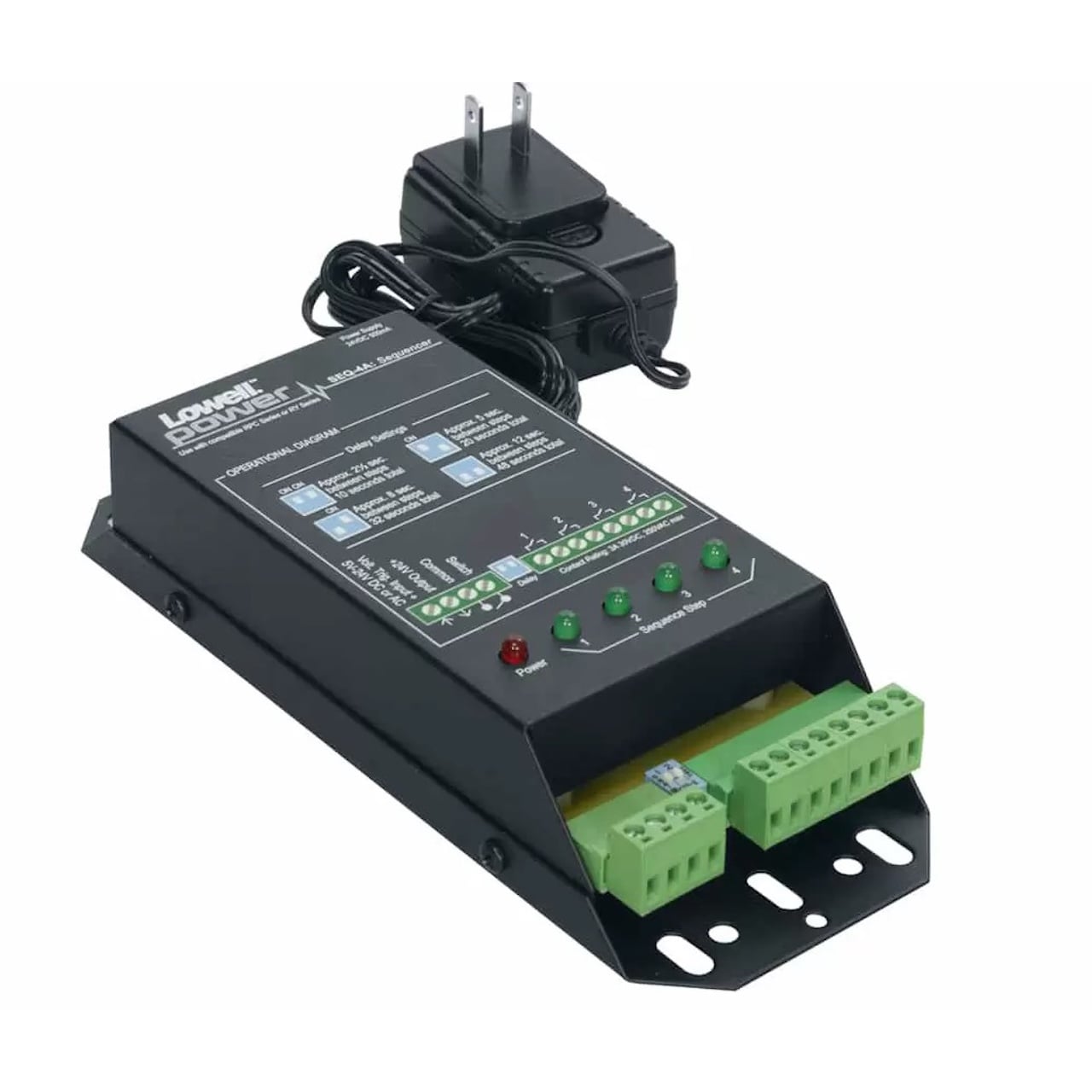 Lowell 4-step power sequencer module with terminal block connections and wall power supply.