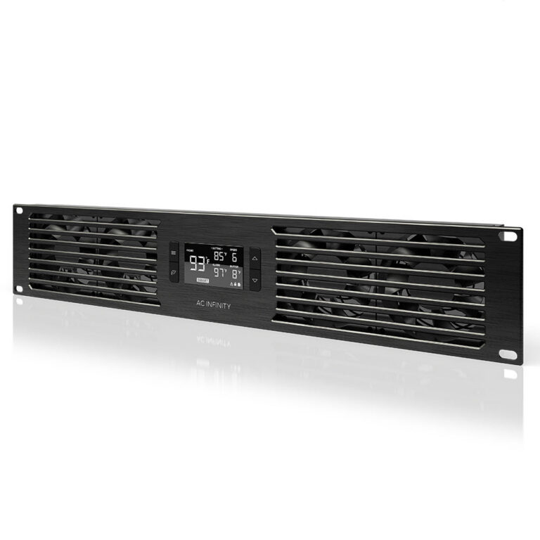 AC Infinity CLOUDPLATE T7 rack-mount cooling fan panel with front temperature display.