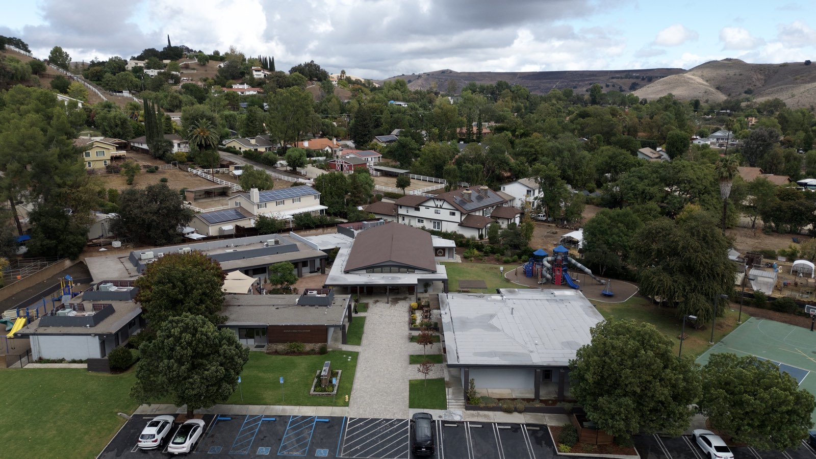 Aerial view of the Agoura Bible Fellowship campus and courtyard in Agoura Hills, California