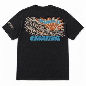 Back of the black Churchfront Space Coast Surf Tee laid flat: a surfing astronaut in a wave, a rocket launch, Melbourne, FL and Churchfront in tan, powder blue and orange