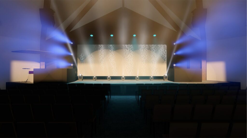 Rendered concept view of a church platform with lighting looks