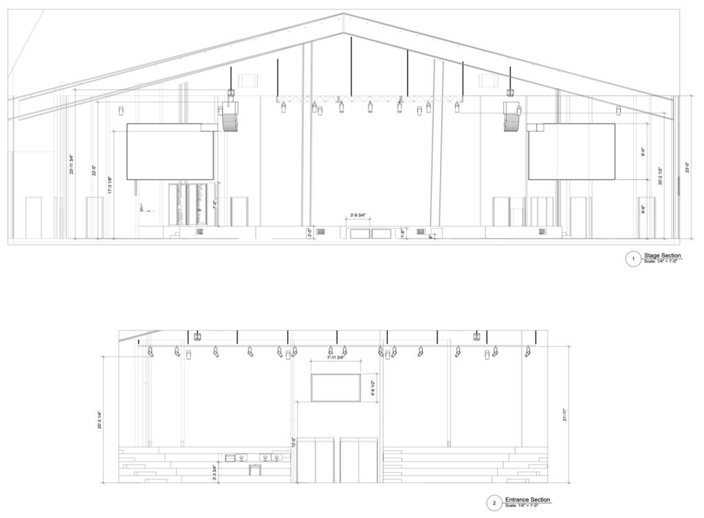 Dimensioned stage and entrance sections showing rigging heights and speaker positions