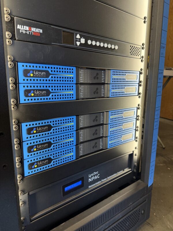 Completed audio rack with processing, amplifiers and power control