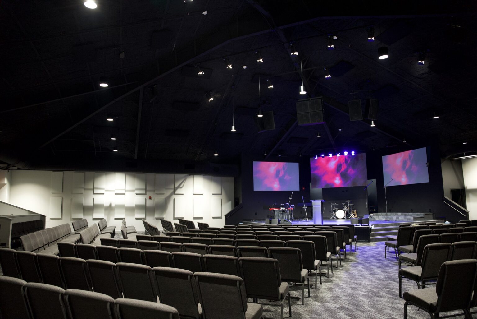 New 500-seat church worship room with an LED wall, projection and a full AV system
