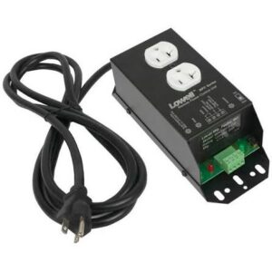 Lowell remote power control module with duplex outlets, control terminals, and attached power cord.