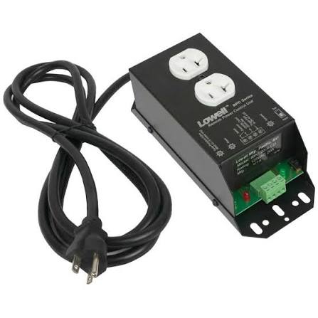 Lowell remote power control module with duplex outlets, control terminals, and attached power cord.