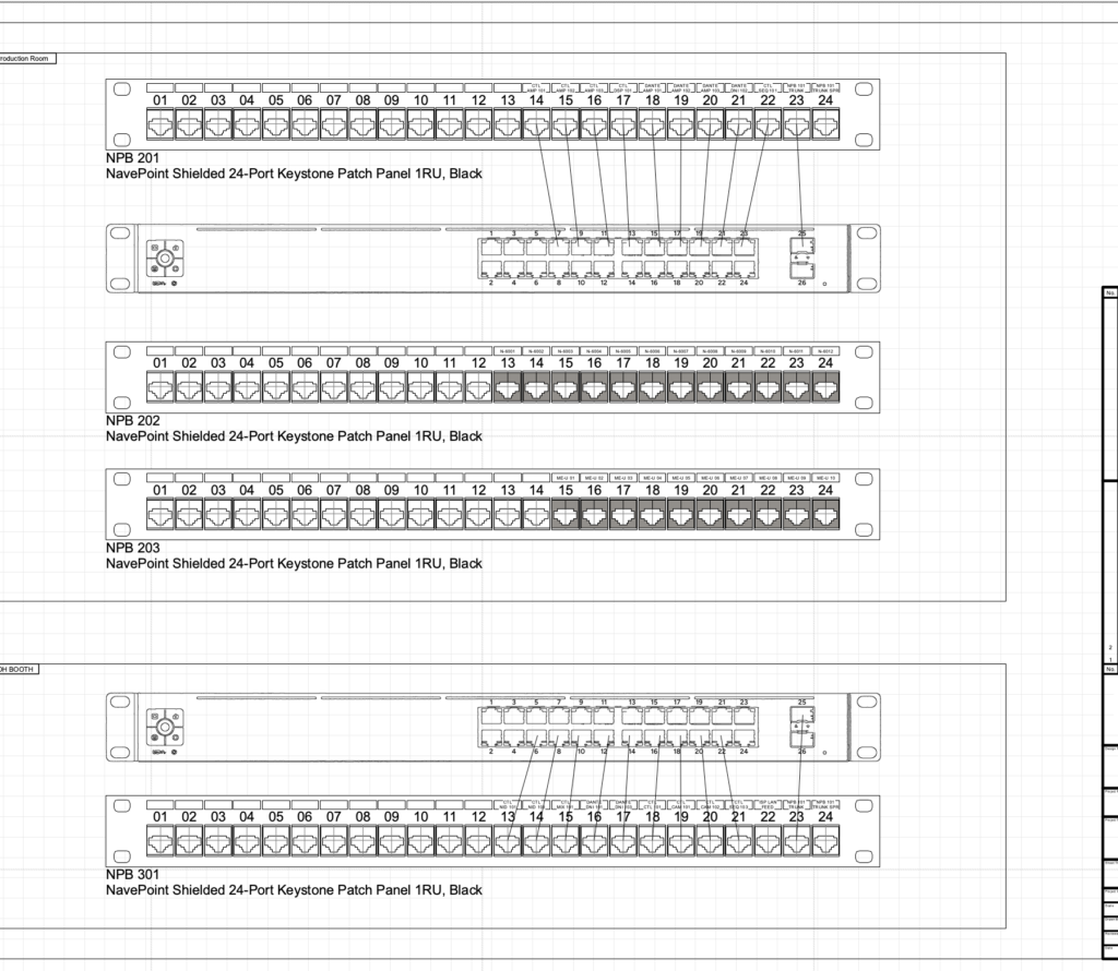 Elevation drawing of network patch panels and switches for a church production room and front of house booth