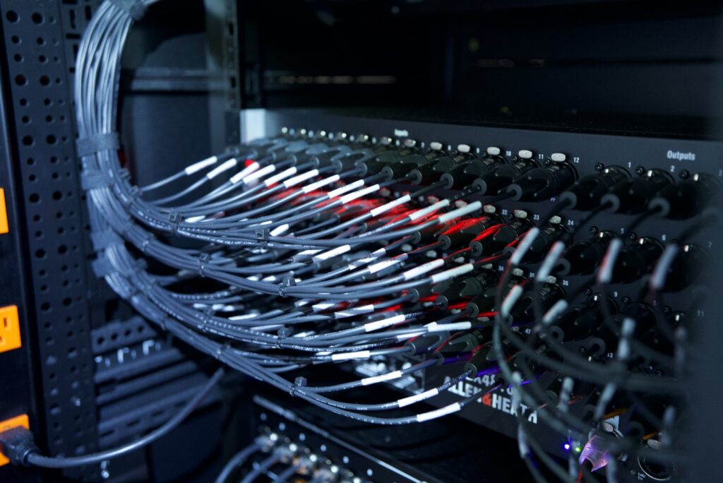 Audio patch bays in a church AV rack
