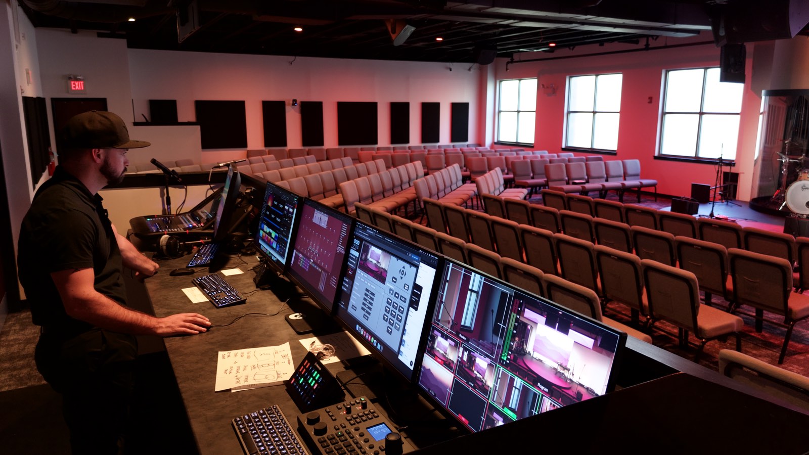 Operator at a multi-camera production desk at Next Community Church