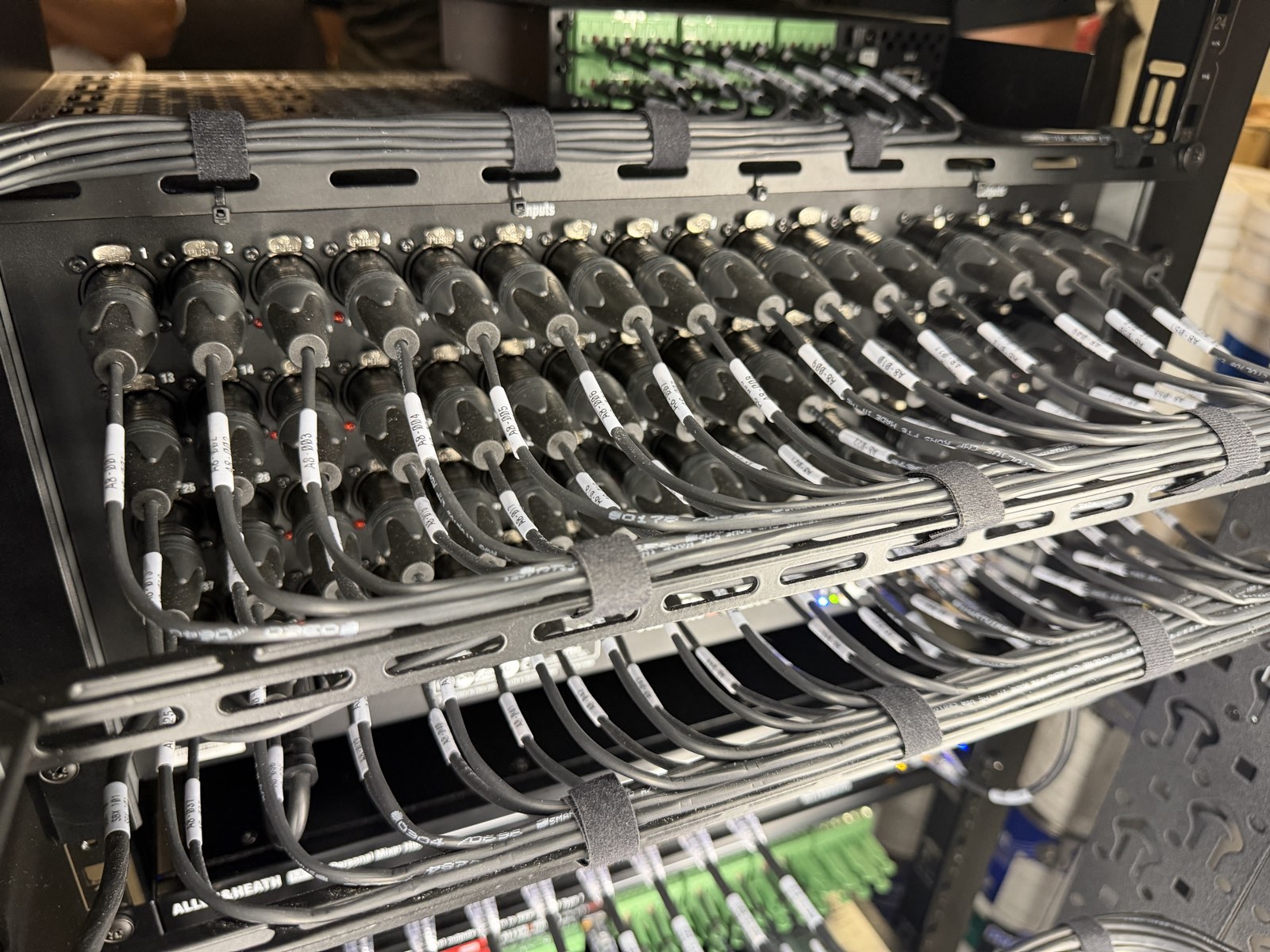 Neatly terminated audio cabling inside an equipment rack at North Metro Church