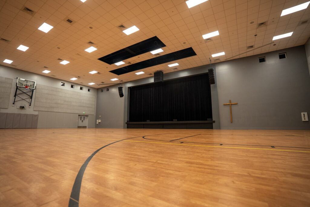 Palm City Presbyterian family life center in weekday mode with the stage curtains drawn