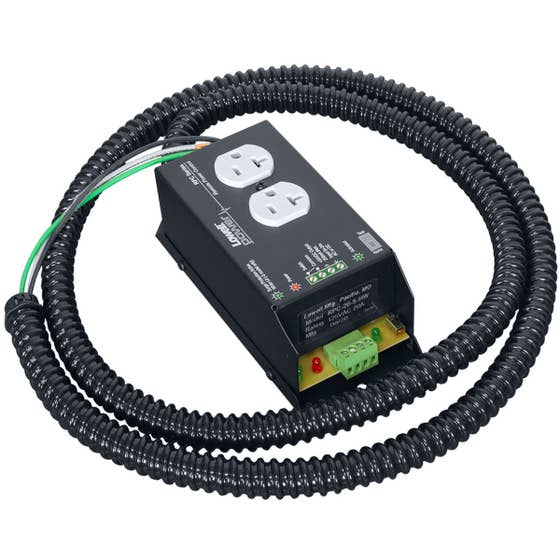 Lowell Remote Power Control 20A module with duplex outlets, control terminals, and flexible conduit whip.