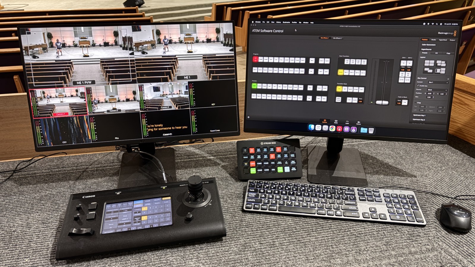 Production desk with ATEM switcher software, multiview monitor, Stream Deck, and Canon PTZ camera controller