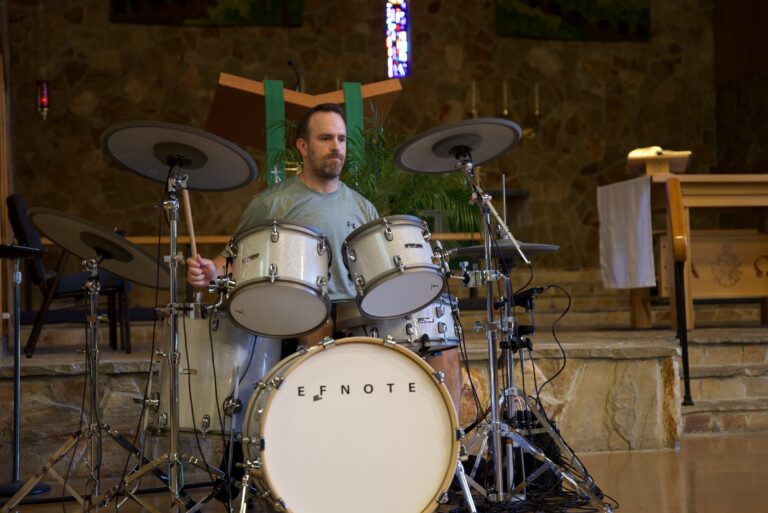 The EFNOTE electronic drum kit on the chancel at St. John’s