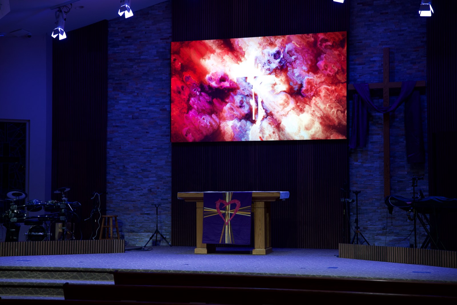 Altitude LED wall above the altar and stage at Trinity Church