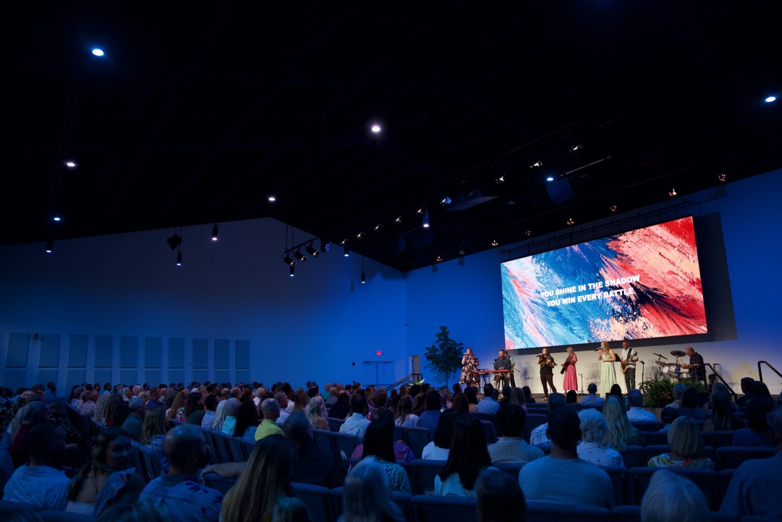 Church sanctuary with a Churchfront-designed sound system during a worship service
