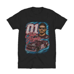Front of the black Churchfront Racing Tee: a white distressed 01, Chris Heric in red script, a driver portrait and the Churchfront 01 stock car over an electric blue background