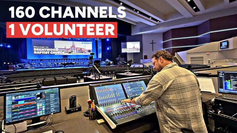 Joel Hilsden at the front of house console at Brentwood Baptist Church, with the room and LED wall behind him, under the words 160 channels, 1 volunteer